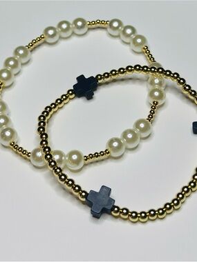 BramFam Beads gold filled Pearl & Gold Beaded Bracelet with Navy Cross Accent